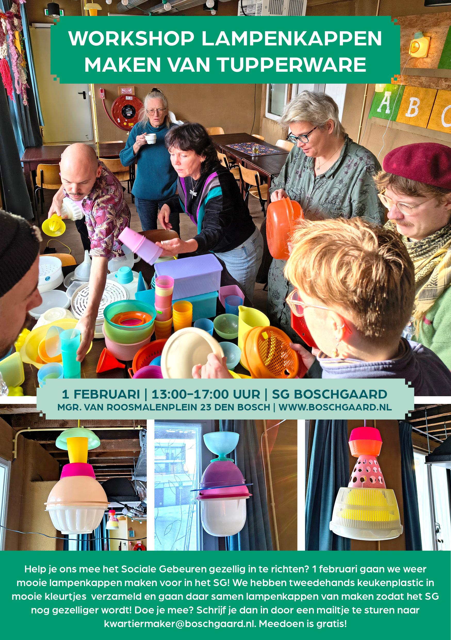 poster voor de workshop lampen maken van oud keukenplastic. op de poster zie je mensen met tupperware in de weer, en foto's van kleurrijke lampenkappen.