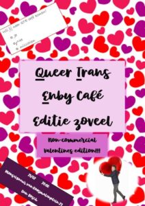poster voor queer-trans-enby cafe, 'de noncommerciele valentijns-editie', op 21 februari.