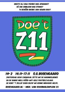 poster voor doe het z11, een carnavals-evenement in het sociaal gebeuren. van twee tot vijf gaan we samen aan carnavalspakken werken.