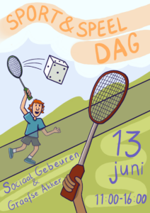 Poster sport en speel dag, 13 juni, elf uur tot vier uur