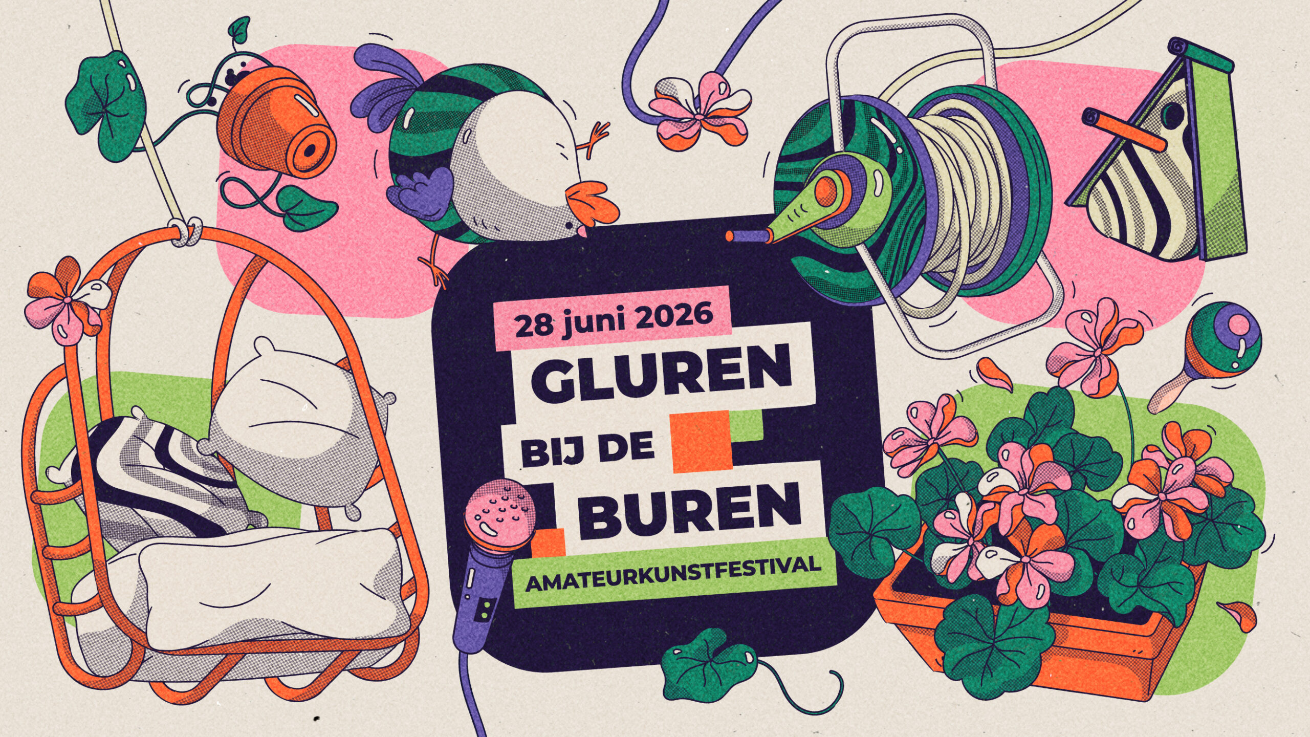 vrolijk gekleurde afbeelding met het logo van gluren bij de buren