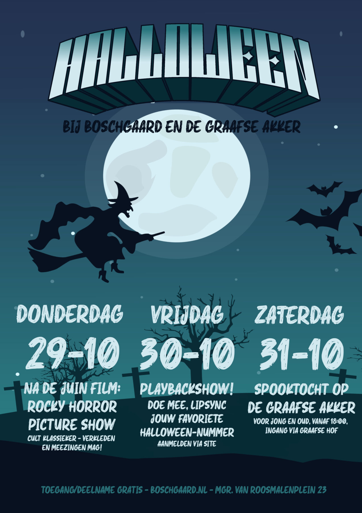 poster voor halloween. een heks vliegt voor de volle maan langs, daaronder drie aankondigingen, die je beter op de site kunt lezen :)