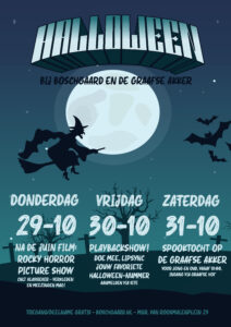 poster voor halloween. een heks vliegt voor de volle maan langs, daaronder drie aankondigingen, die je beter op de site kunt lezen :)